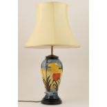 Moorcroft Reeds at Sunset table lamp, inverted baluster form with original wooden base and shade,