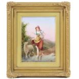 Continental porcelain plaque, Young Shepherdess, hand decorated in colours,