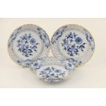 Three Meissen Onion pattern dishes, circa 1900-10, each with a lattice border,