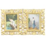 Pair of hand decorated porcelain plaques 'Nymph at a pool' and 'Girl with a cockatoo', 14cm x 10cm,