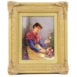 Continental porcelain plaque, Flower Girl, hand decorated in colours, mounted within a gilt frame,