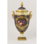 Coalport fruit decorated lidded pedestal vase, by F H Chivers, circa 1920-26, shape no.