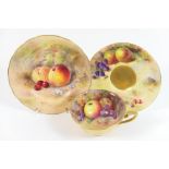 Royal Worcester fruit decorated cup, saucer and side plate,