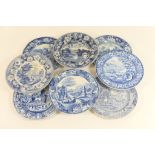 Eight blue and white printware plates, all early 19th Century and by various manufacturers,