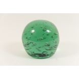 Large Nailsea green glass dump, spherical form detailed with internal bubbles, 15.