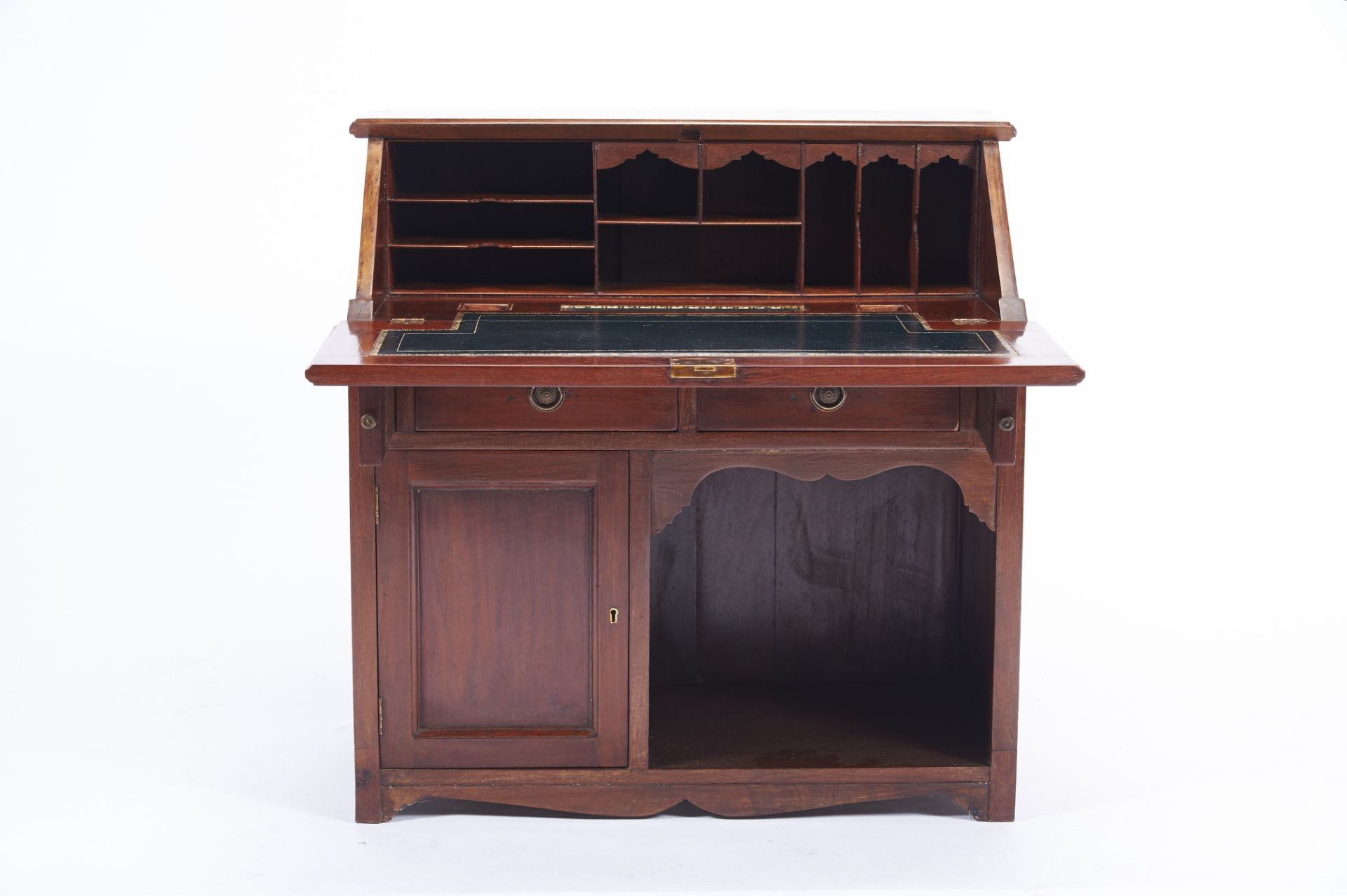 A Small Bureau mahogany lower body with door open space and two drawers interior with pigeon holes