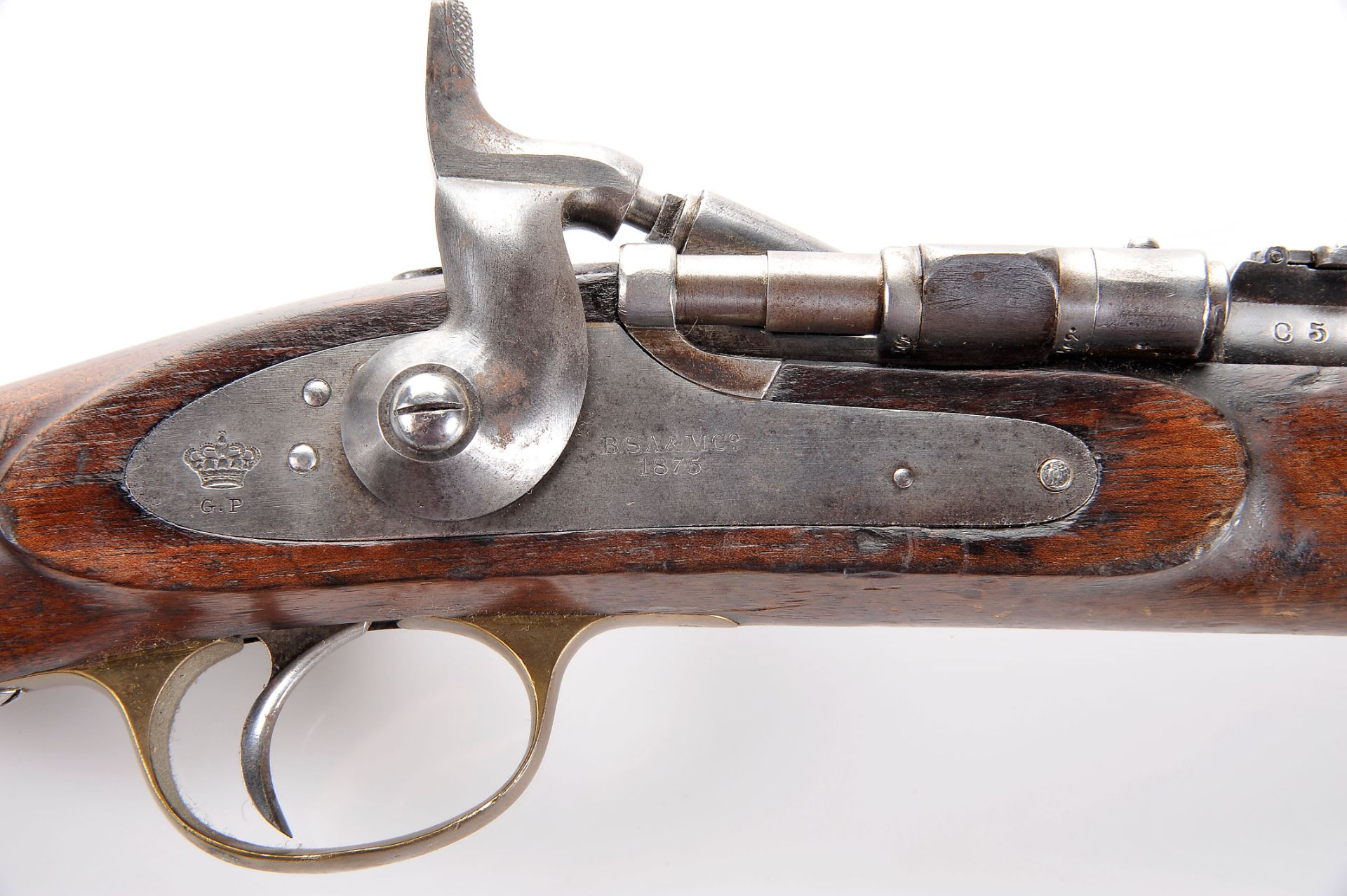 A Cavalry Snider Carbine, model 1873, mahogany, steel and brass, clasp with inscription B.S.A. & - Bild 2 aus 3