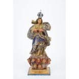 Our Lady of the Immaculate Conception, polychrome and gilt wooden sculpture, glass eyes, silver