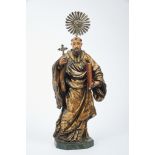 St. Benedict, gilt and polychrome wooden sculpture, glass eyes, silver halo and cross, Portuguese,