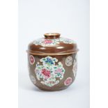 A Covered Pot, Chinese export porcelain, chocolate decoration, polychrome reserves "Flowers",