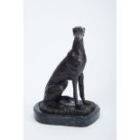 A Greyhound, bronze sculpture, marble stand, French, 20th C., signed BARRIE, Dim. - 16 (bronze) cm