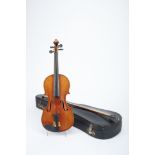 A Violin with Bow, wood and other material, black painted wooden case, European, 19th/20th C.,