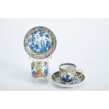 A Pair of Cups with Saucers, Chinese export porcelain, polychrome decoration with blue reserves "