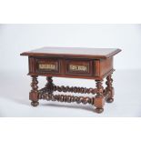 A small Centre Table, Barzilian rosewood, padded drawer, turned legs and stretchers, scalloped and