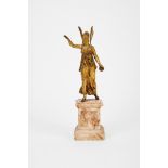 A Winged Female Figure, gilt bronze sculpture, marble stand with decoration en relief "Urn", French,