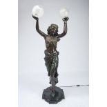 An Orientalist female figure, bronze lamp sculpture, glass globes, North Africa, 20th C., signed