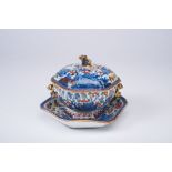 A Small Hexagonal Tureen with Stand, Chinese export porcelain, blue, rouge-de-fer and gilt