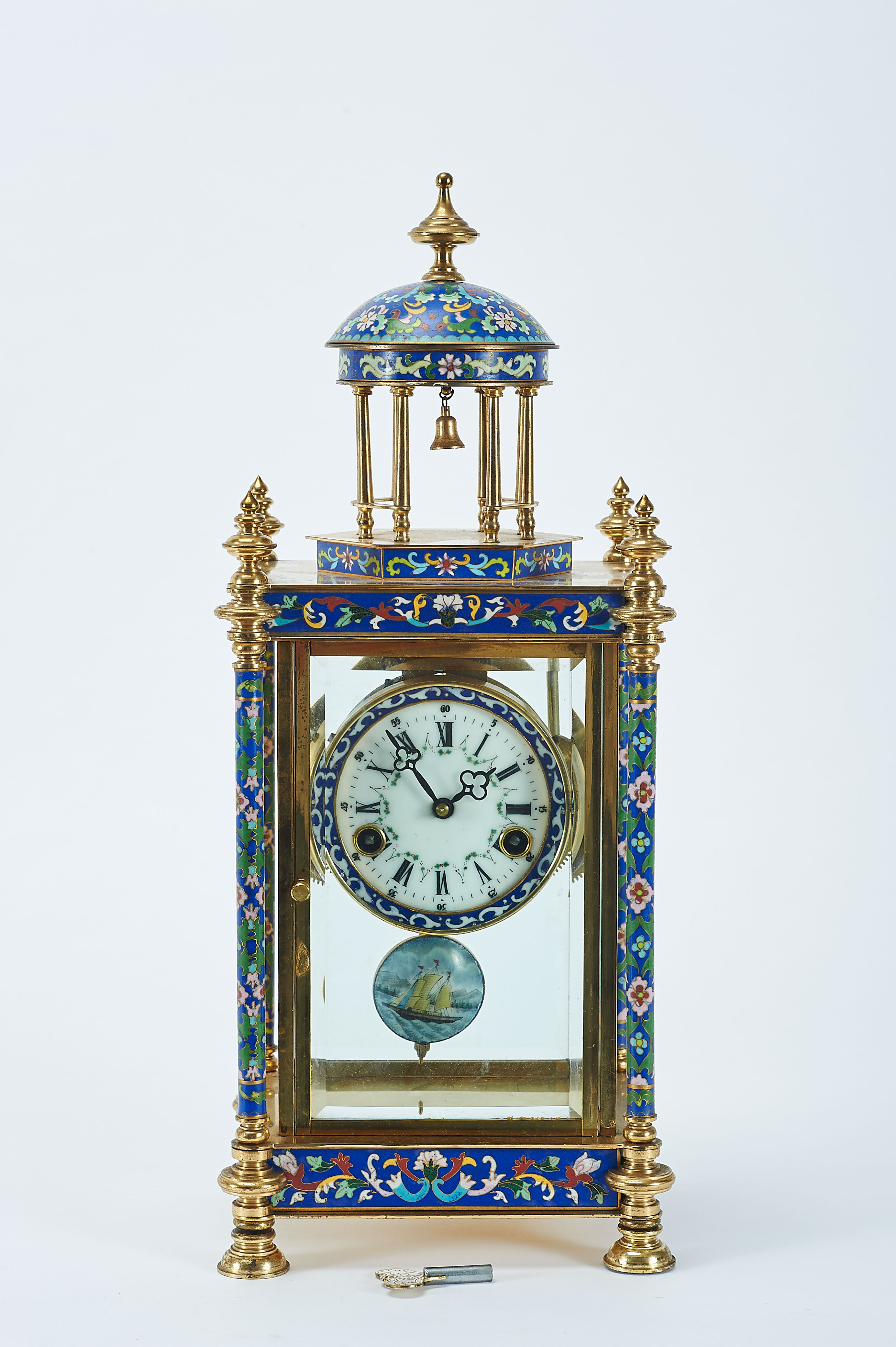 A Table Clock, gilt metal and cloisonné enamels "Flowers", French machine, enamelled dial, eight-day