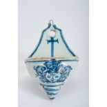 A Holy Water Basin, faience, blue "Traditional" decoration, cross decorated backrest, basin