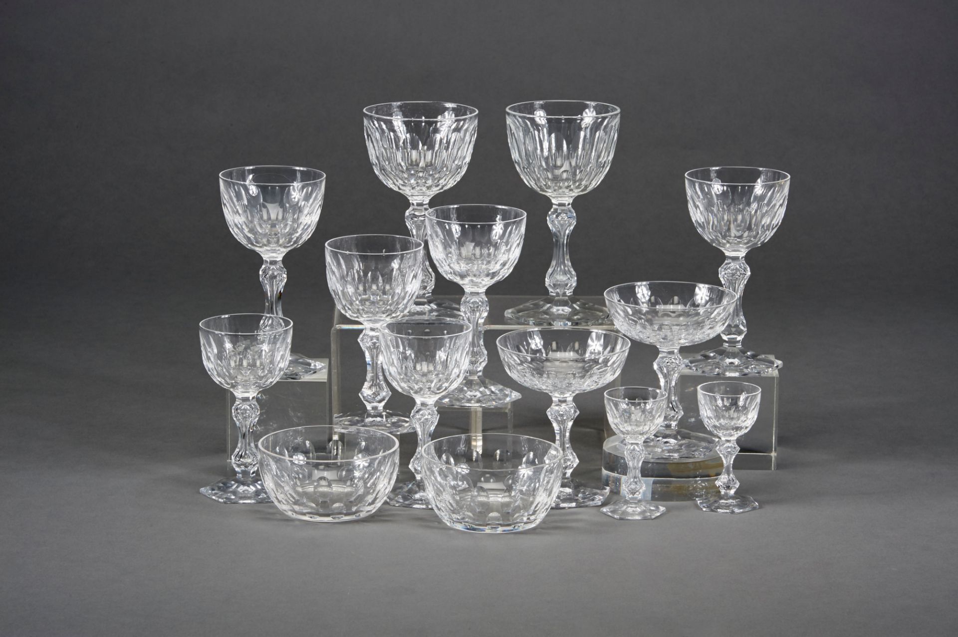 A Set of Stemmed Glasses for 18 people, crystal, composed of glasses of water, red wine, white wine,