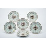 A Set of Six Octagonal Dishes (one of soup), Chinese export porcelain, polychrome and gilt