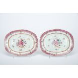 A Pair of Scalloped Oval Platters, Chinese export porcelain, polychrome and gilt decoration,