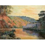 JOSÉ LEITE - 1873-1939, Landscape with house by the river, oil on canvas, minor faults on the