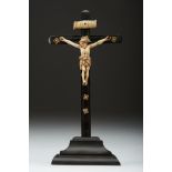Crucified Christ, ivory sculpture, ebonised wooden cross with ivory applications, Indo-Portuguese,