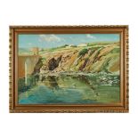 JOSÉ DIAS SANCHES - 1903-1972, A landscape with river and bridge, oil on canvas, signed, Dim. - 66 x