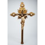 Crucified Christ, partly painted and gilt ivory sculpture, carved and gilt wooden later cross,