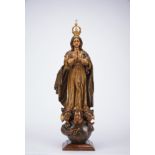 Our Lady of the Immaculate Conception, gilt and polychrome wooden sculpture, yellow metal crown with