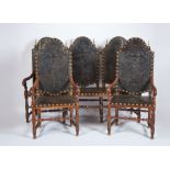 A Set of settee, two armchairs and six high back chairs, walnut, turned legs and stretchers,