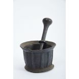 A Mortar and Pestle, late gothic, bronze, ribbed decoration en relief, Iberian, 15th/16th C., faults