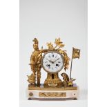 A Table Clock, Louis XVI style, gilt bronze en relief "Mars and his armour", marble stand with