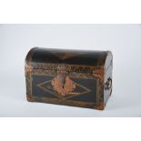 A Casket, fully black lacquer lined wood, gilt decoration with reserves "Landscapes", scalloped
