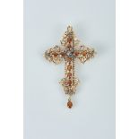 A Pendant "Cross", 800/1000 gold and 833/1000 silver, set with 10 quartz citrines, rose cut diamonds