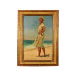 SOUSA LOPES - 1879-1944, "Senhora na praia" (Lady on the beach), oil on canvas pasted on