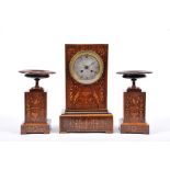 A Garniture - Table Clock and Pair of Cassolettes, Brazilian rosewood and satinwood marquetry "Birds