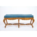 A Chapel Bench, carved and gilt wood, fabric upholstered seat, Italian, 19th/20th C., restoration,