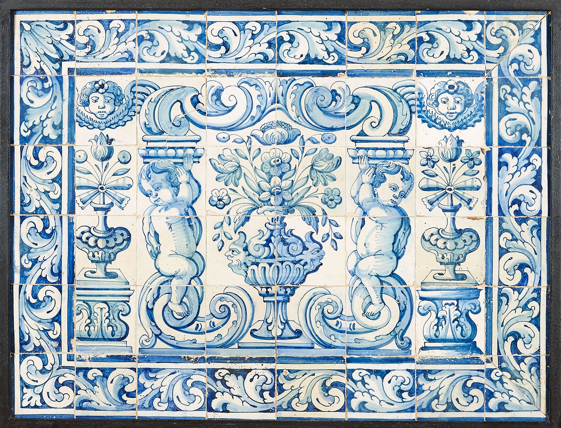 Albarrada - Flower Vase flanked by Putti, baroque, panel of forty-eight tiles, blue decoration,