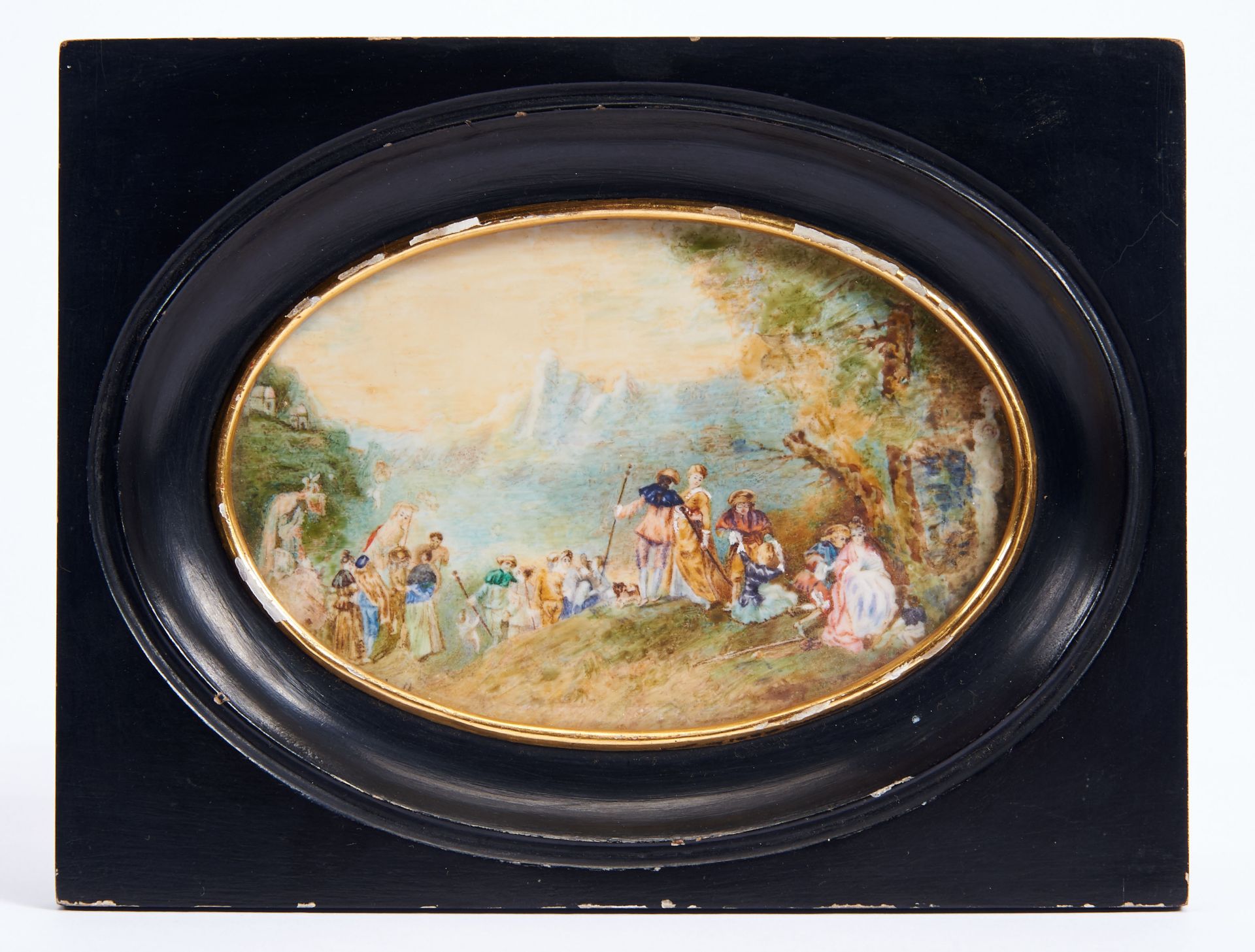 The Embarkation for Cythera, miniature on ivory, French school, 19th C., Dim. - 8,5 x 13 cm