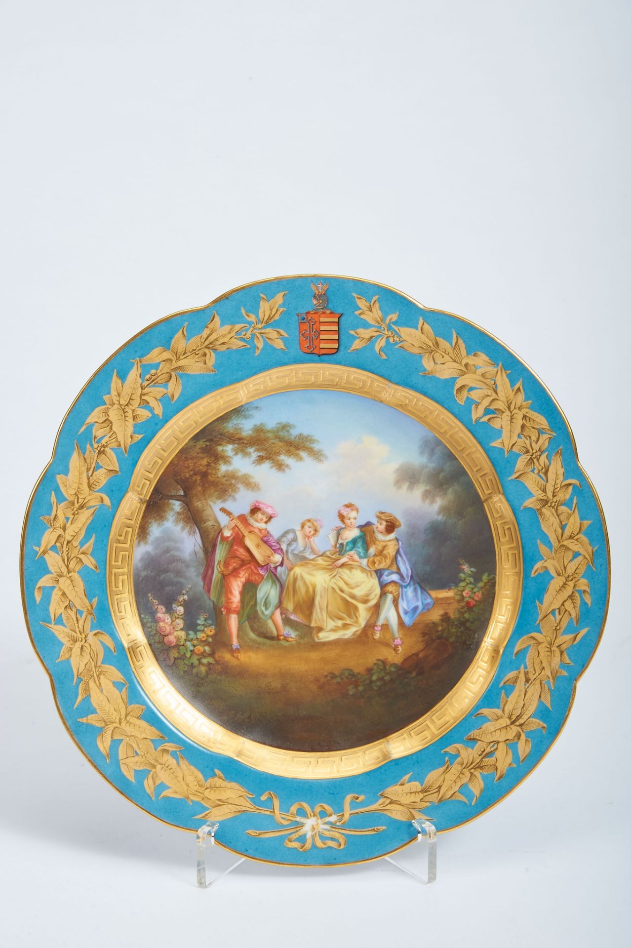 A Scalloped Dish, porcelain, blue and gilt decoration "Flowers", polychrome centre "Gallant
