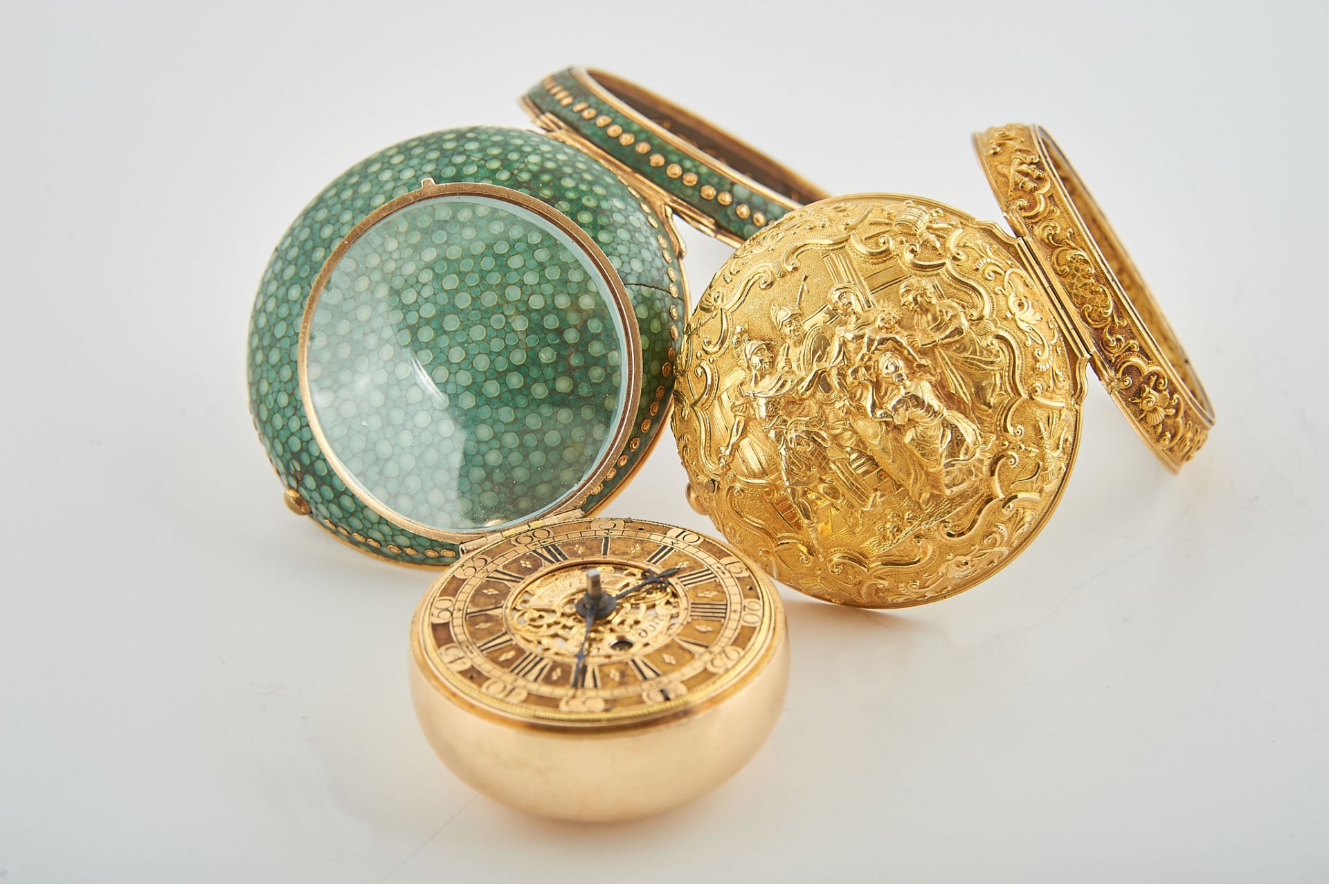 A CHARLES CABRIER Pocket Watch, green ray skin case, 750/1000 gold watch case, chiseled - Bild 3 aus 3