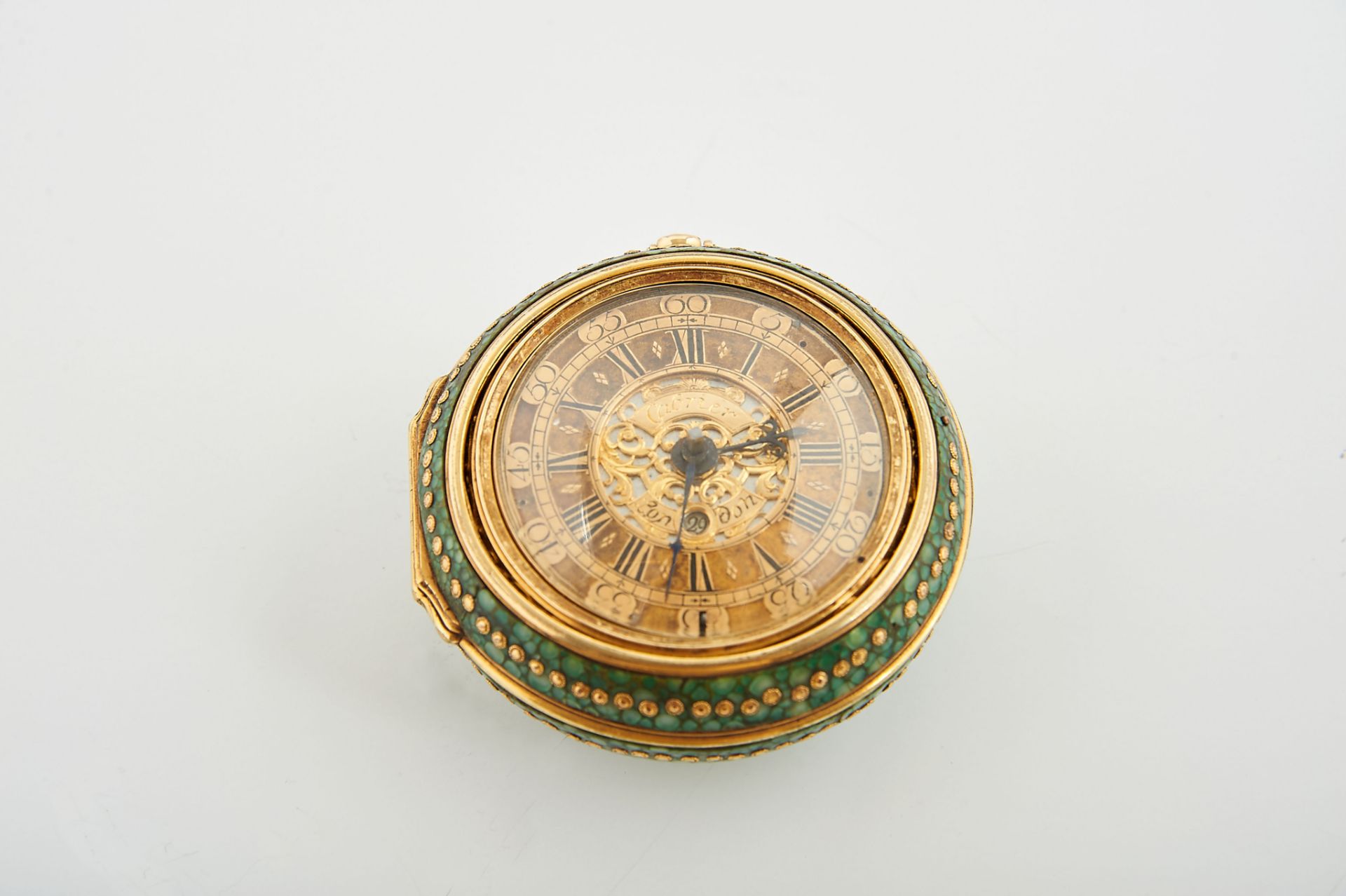 A CHARLES CABRIER Pocket Watch, green ray skin case, 750/1000 gold watch case, chiseled