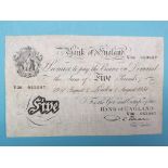 Bank of England Five Pounds note, Chief Cashier P. S. Beale, August 1951, good condition