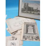 18th century line-engravings - including framed Westminster Abbey, two architectural plans,