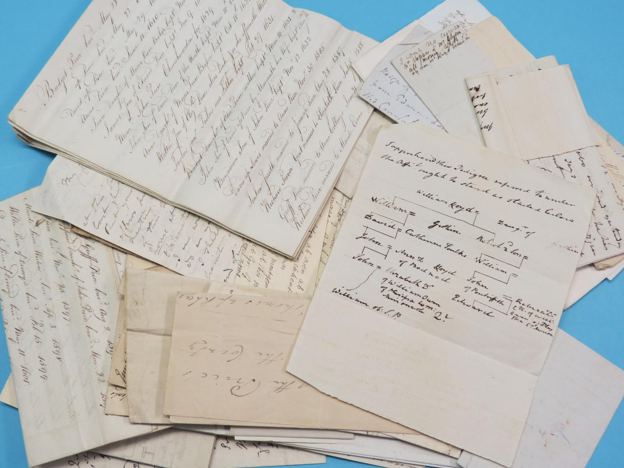 Family 'trees' - 18th and 19th centuries, all hand-written, a quantity