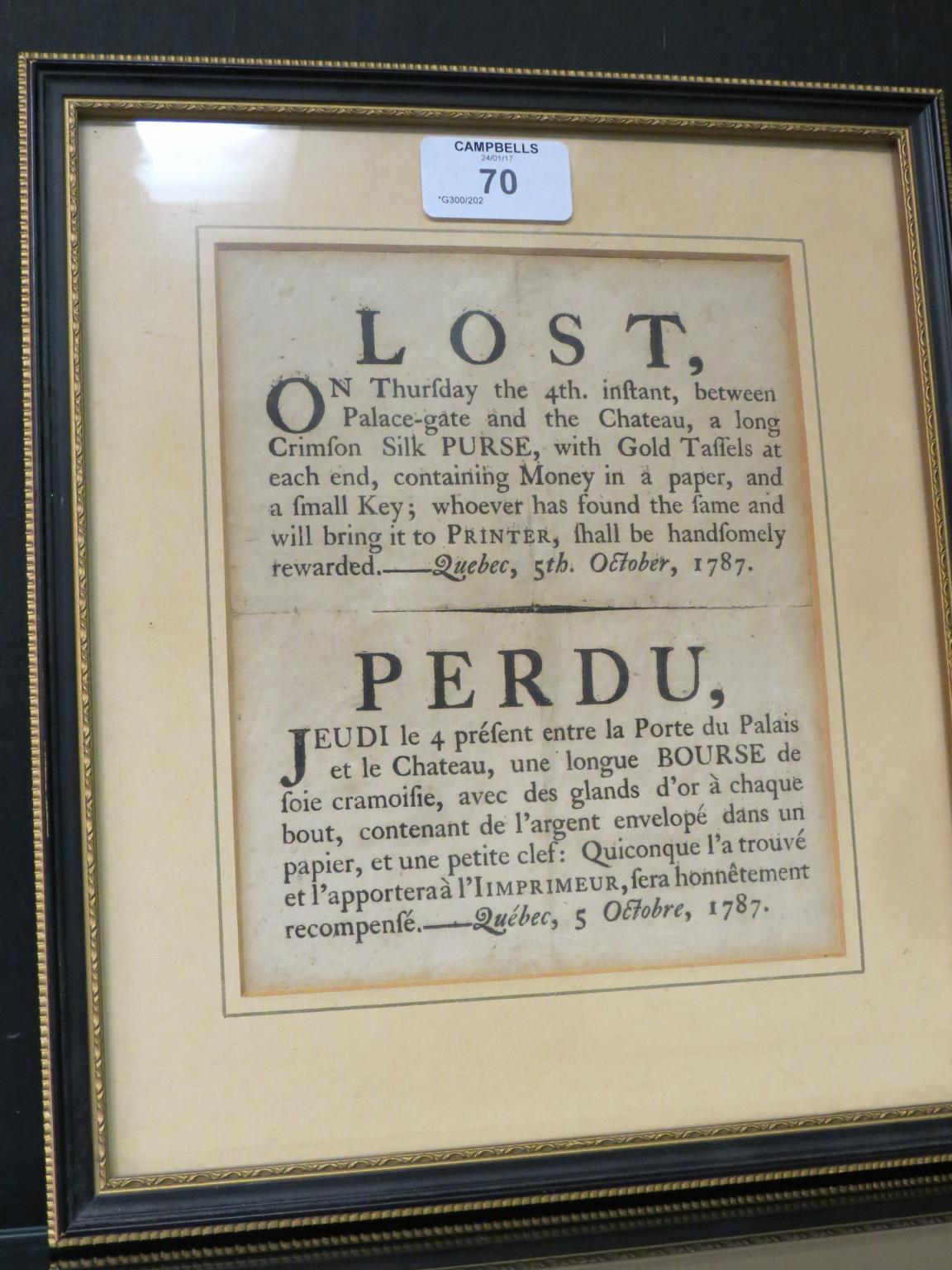 An 18th century printed public notice, Quebec, October 1787, printed in English and French,