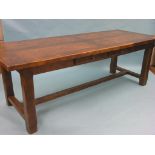 A large French oak draw-leaf dining table, with two shallow frieze drawers, chamfered square legs