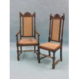 A set of six oak Carolean-style dining chairs, including pair of carvers, carved top-rails, caned